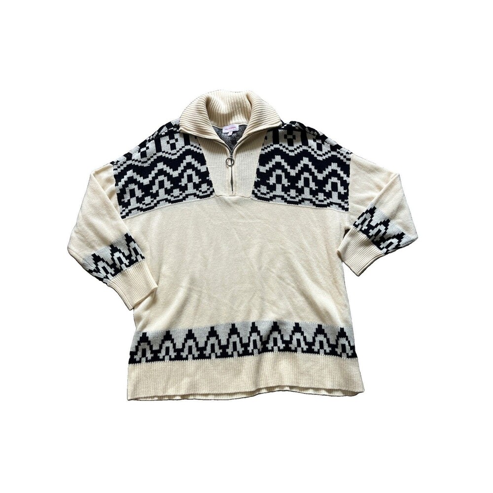 Molly & Isadora Fair Isle Half-Zip Sweater in cream and black 2x Dia & Co